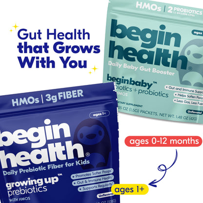 Full collection of Begin Health Growing Up Prebiotics contents including the outer box and individual stick packs.