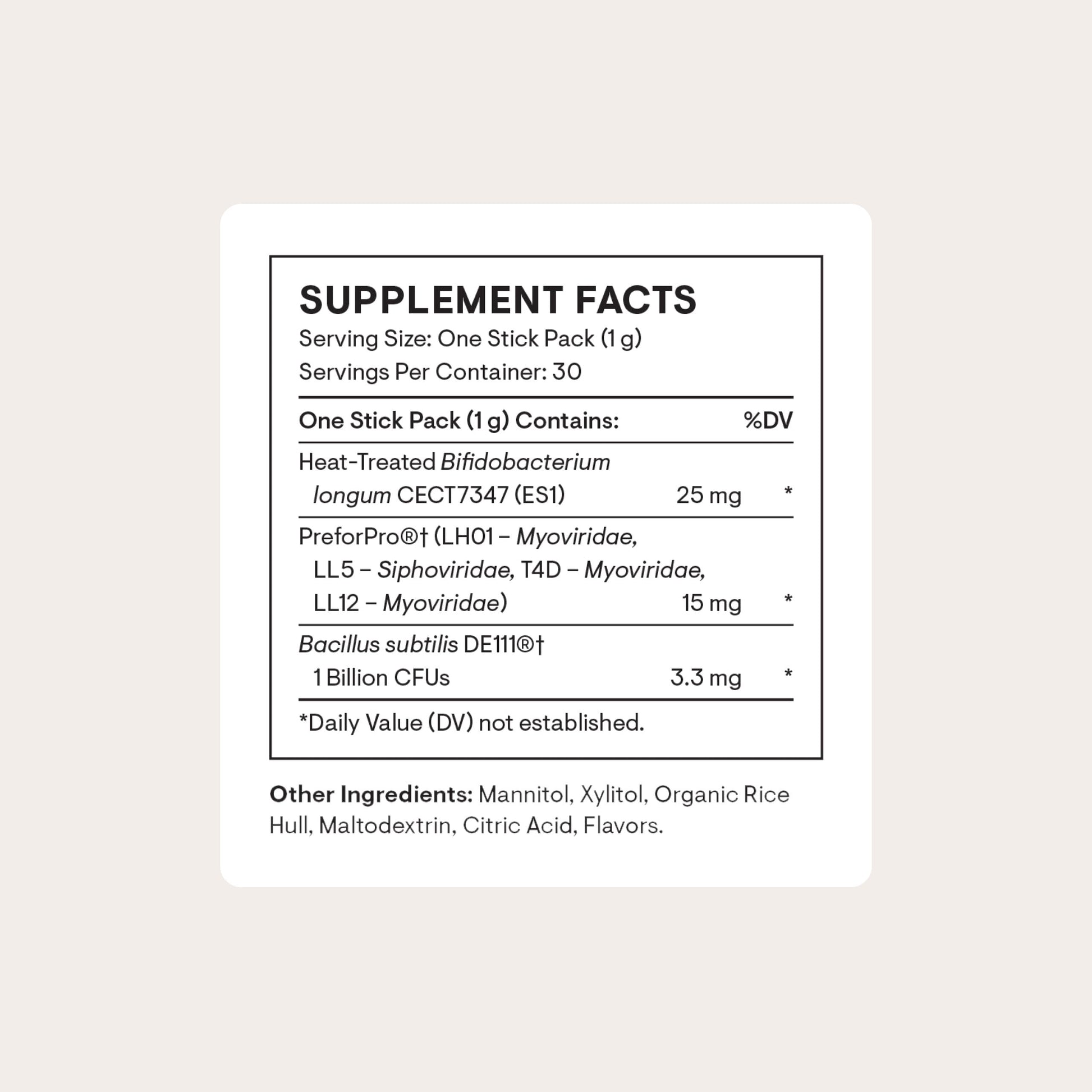 Thorne Complete Biotic supplement facts and ingredients panel close up