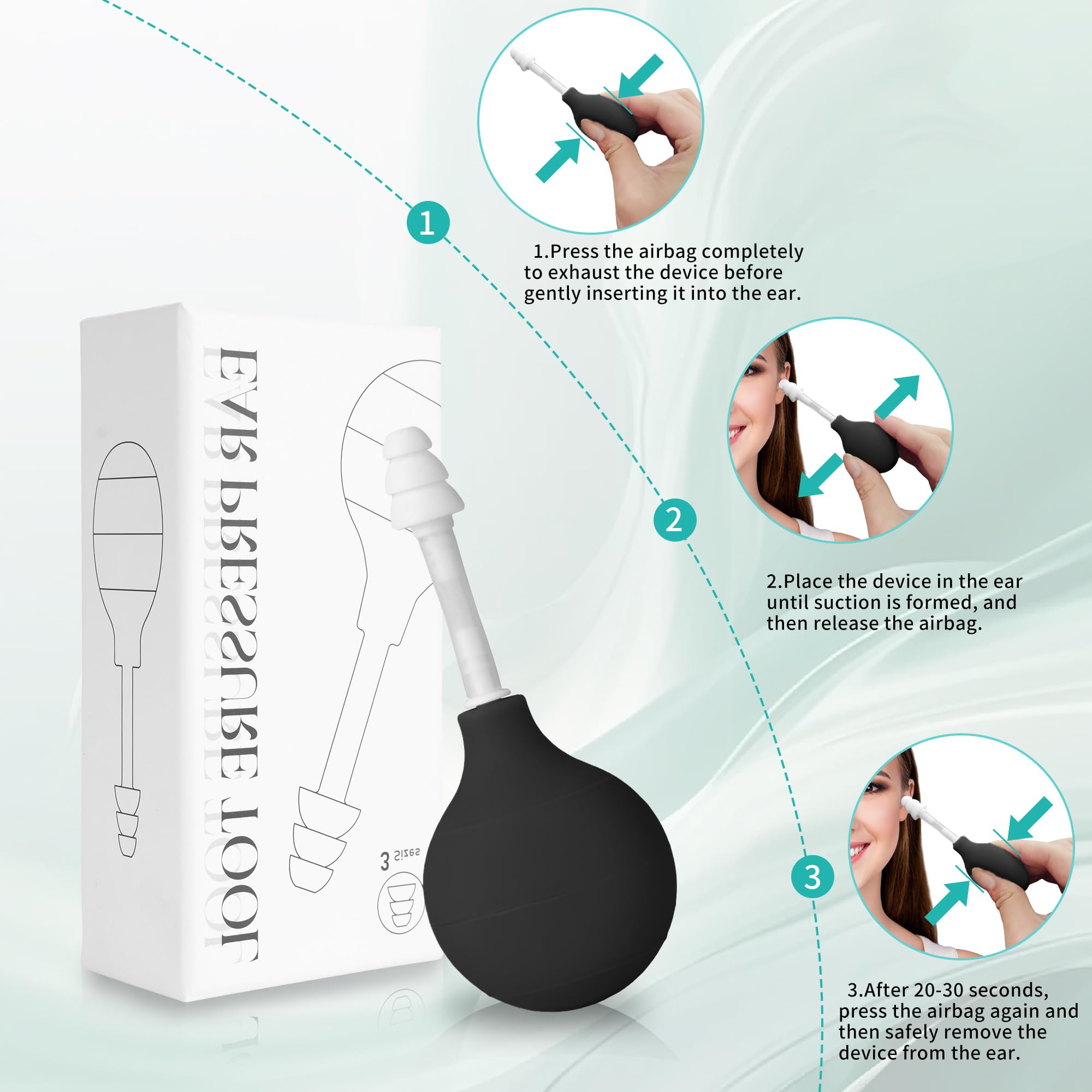 IPZL ear pressure device showcasing three sizes of interchangeable soft silicone replacement earplugs.