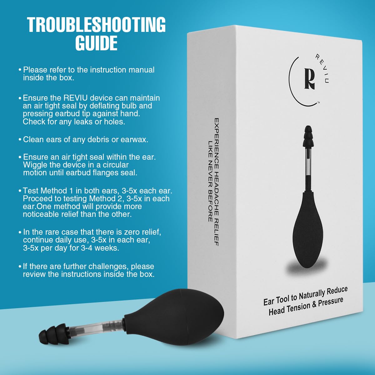 Reviu ear pressure device being used for headache relief