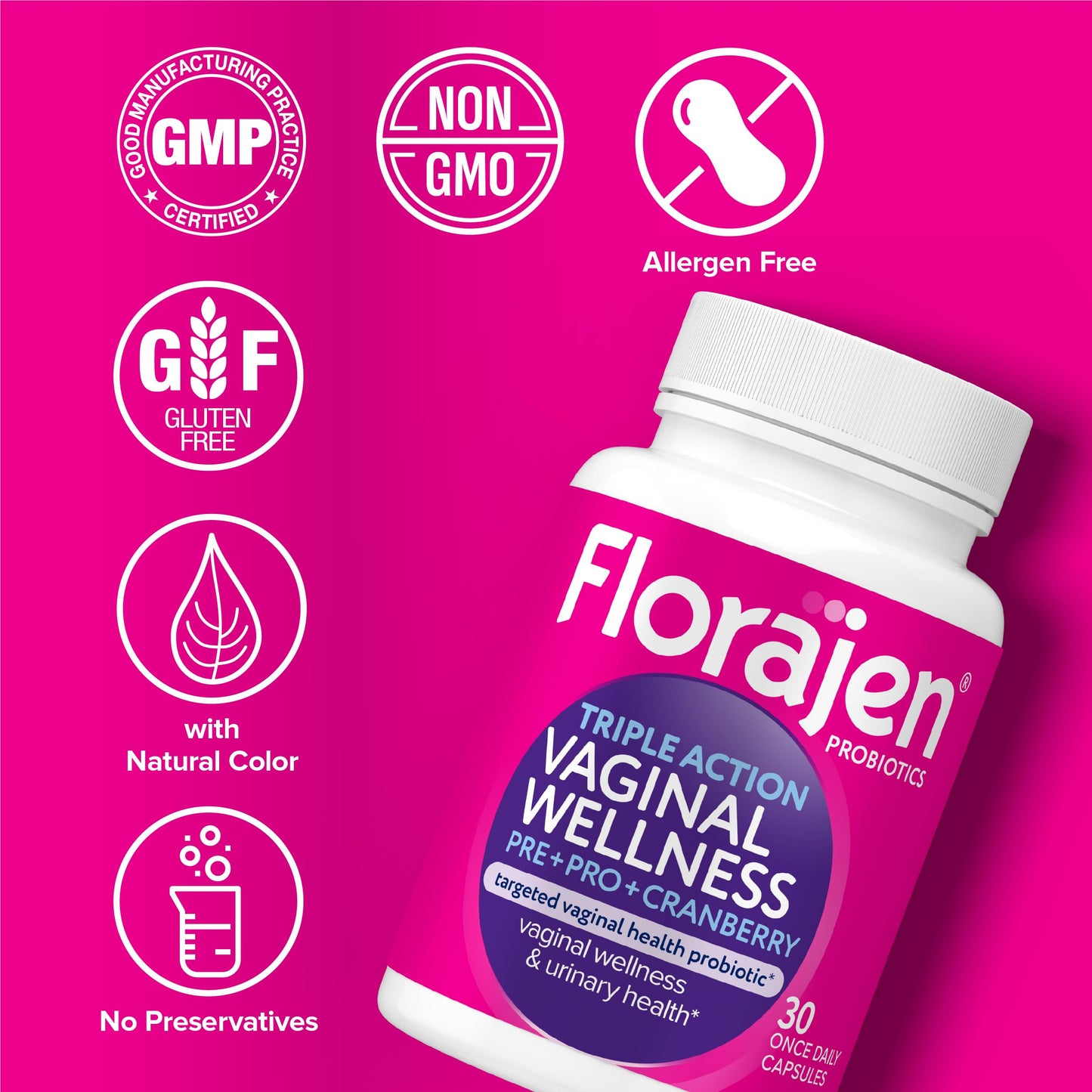 Florajen 30 count daily probiotic capsules container top perspective layout