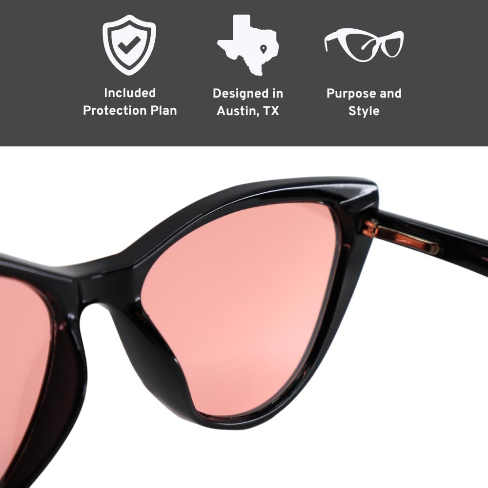 Close up of transitional lens technology on FL-41 migraine glasses