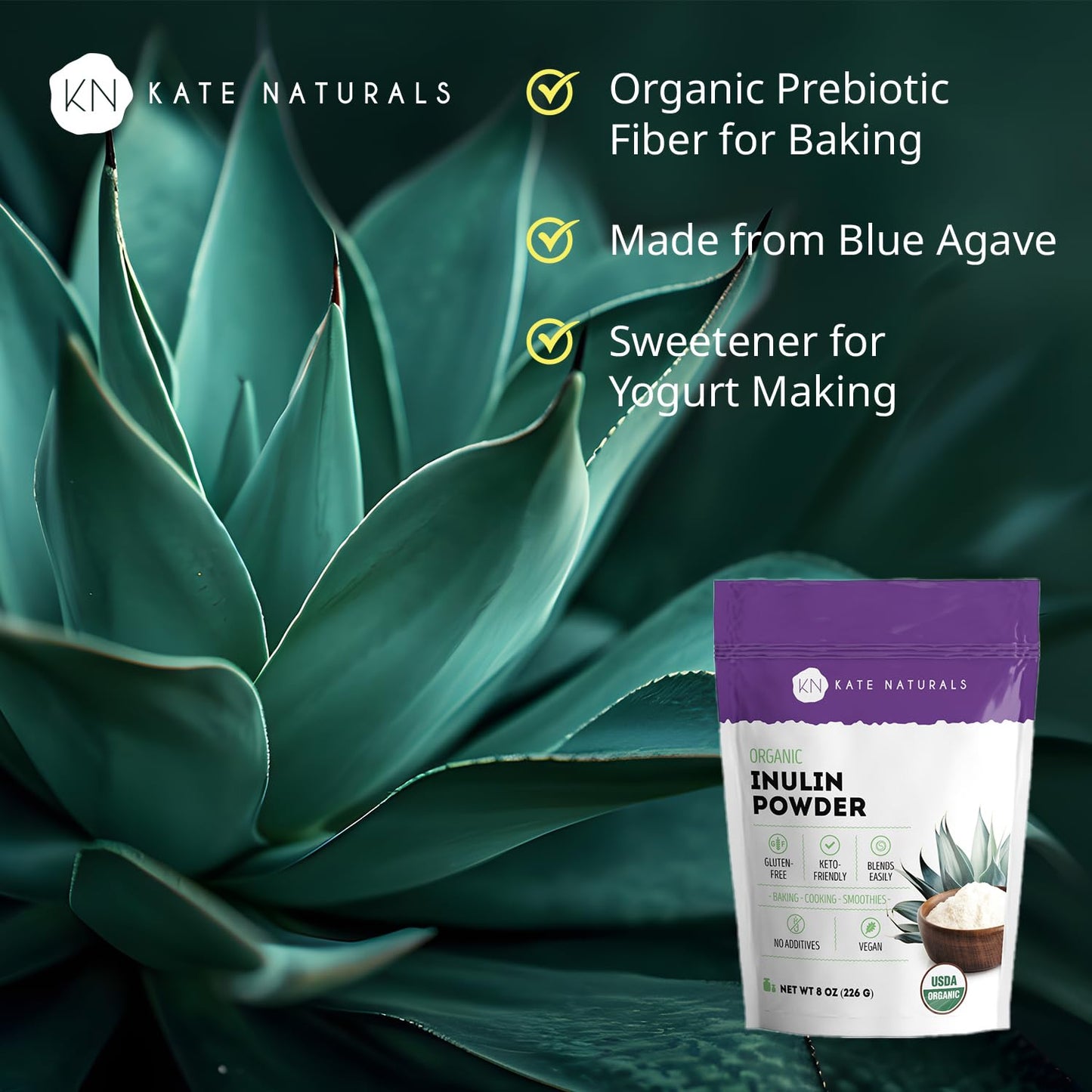 Kate Naturals dietary supplement pouch highlighting gluten-free and keto-friendly organic certification.