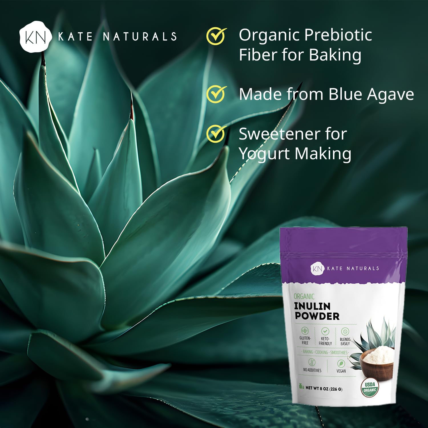 Kate Naturals dietary supplement pouch highlighting gluten-free and keto-friendly organic certification.