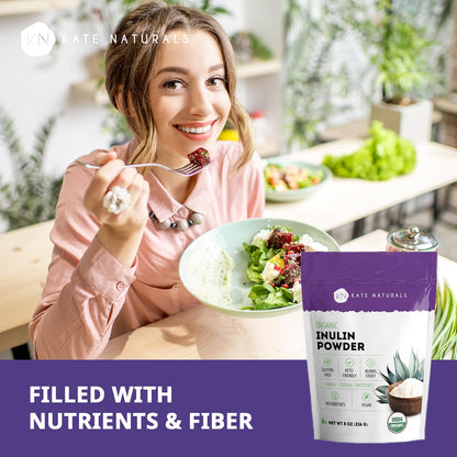Fine texture of unflavored agave fiber powder inside the resealable 8 ounce packaging.