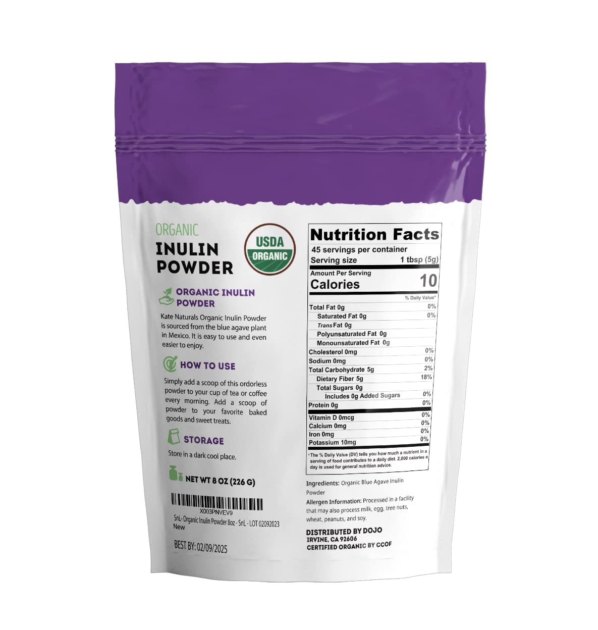 Vegan prebiotic supplement bag displayed next to a fresh breakfast smoothie bowl.