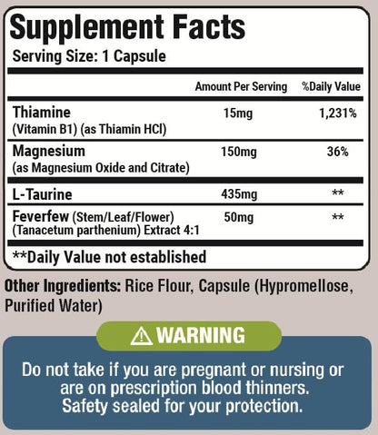 Basic Vigor Migraine Support capsules supplement facts