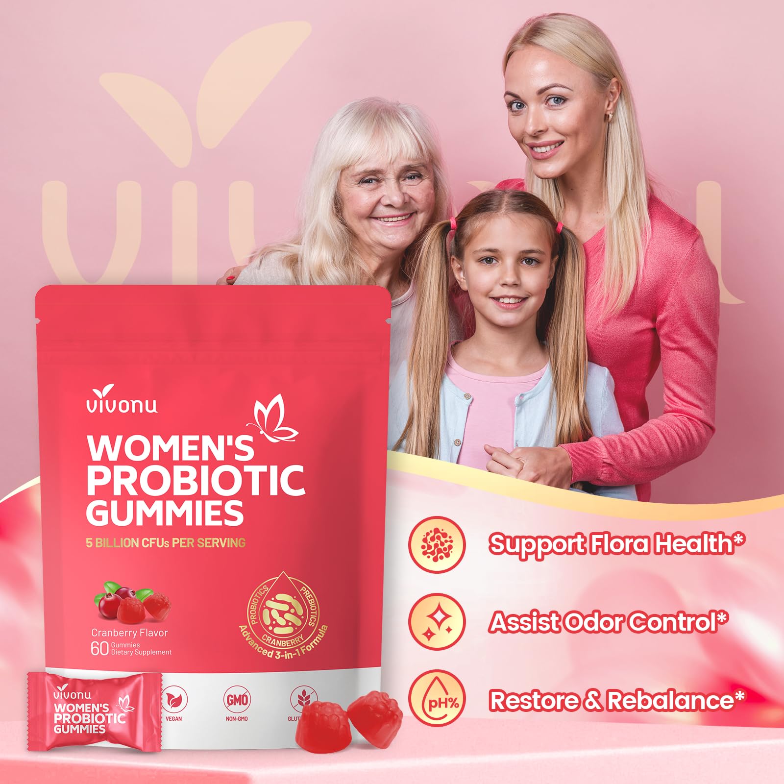 VivoNu vaginal health supplement packaging showcasing vegan and gluten free certifications