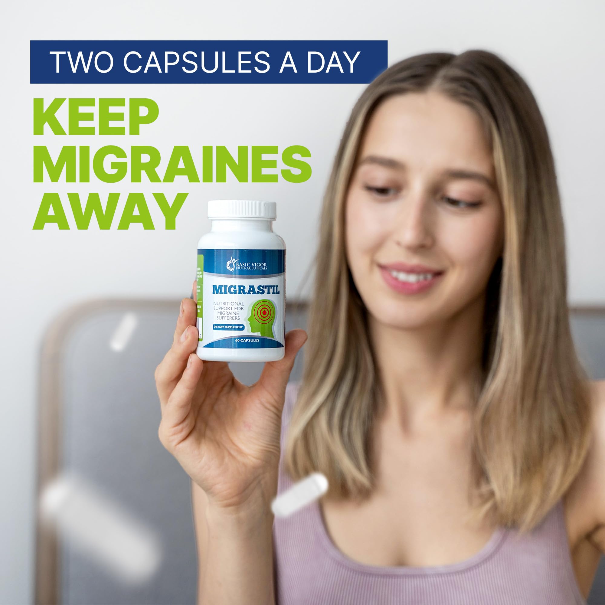 Migrastil migraine support bottle with vegetarian capsule details