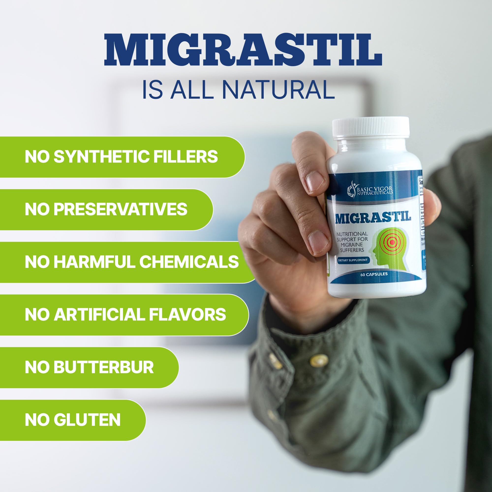 Basic Vigor imported USA migraine relief supplement bottle