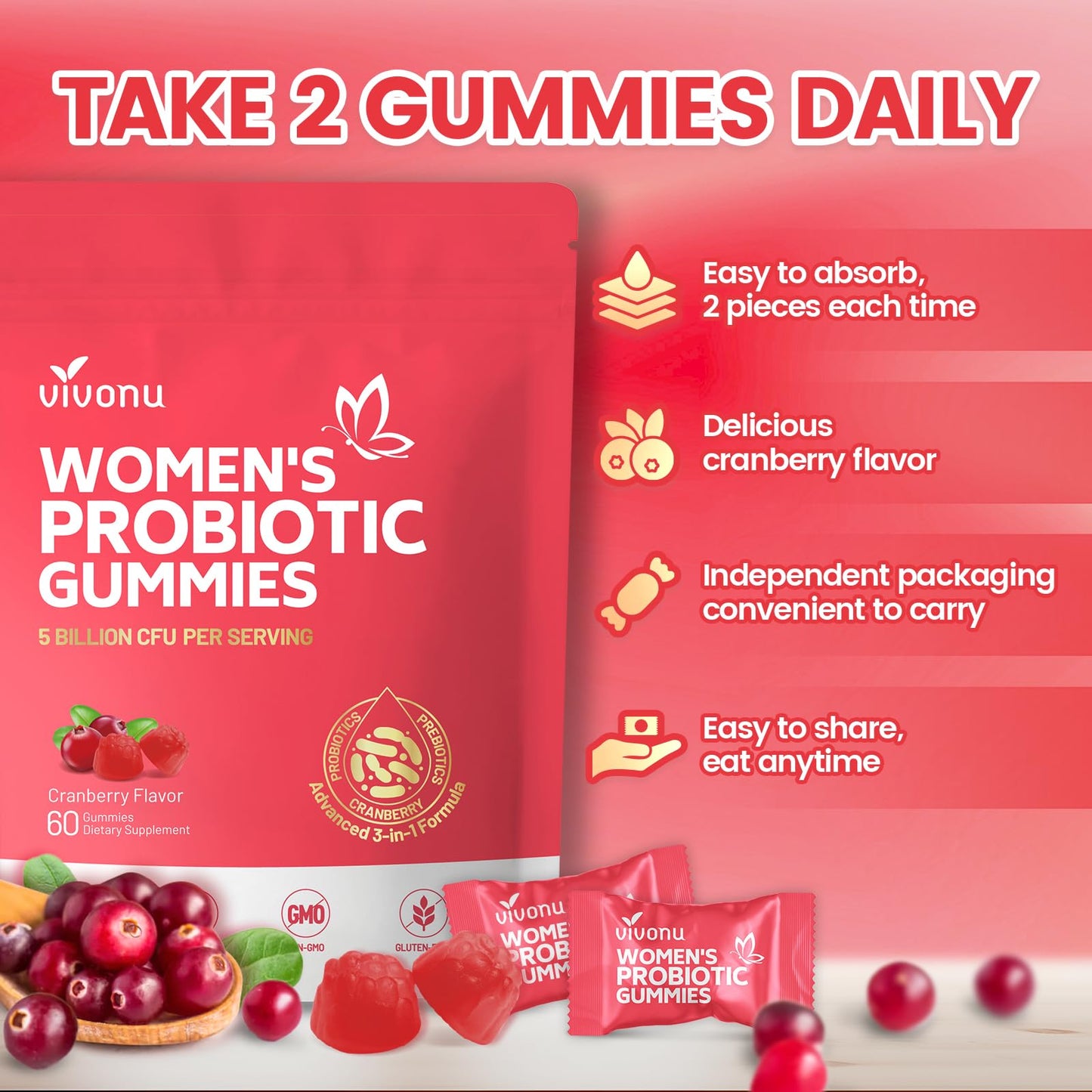 VivoNu cranberry flavored intimate health gummies daily serving display