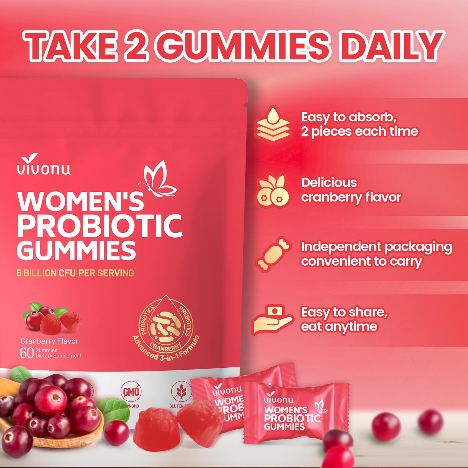 VivoNu cranberry flavored intimate health gummies daily serving display