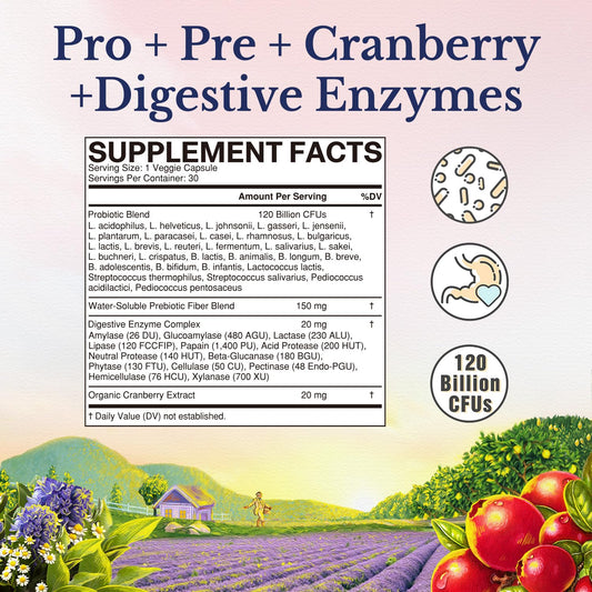 Vitalitown female health supplement packaging detailing 30 strains and prebiotics blend