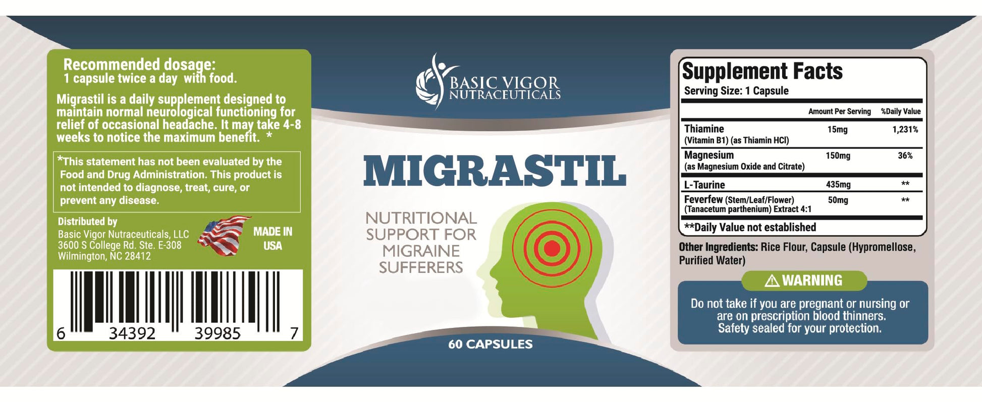 Basic Vigor Migrastil bottle held in hand for scale
