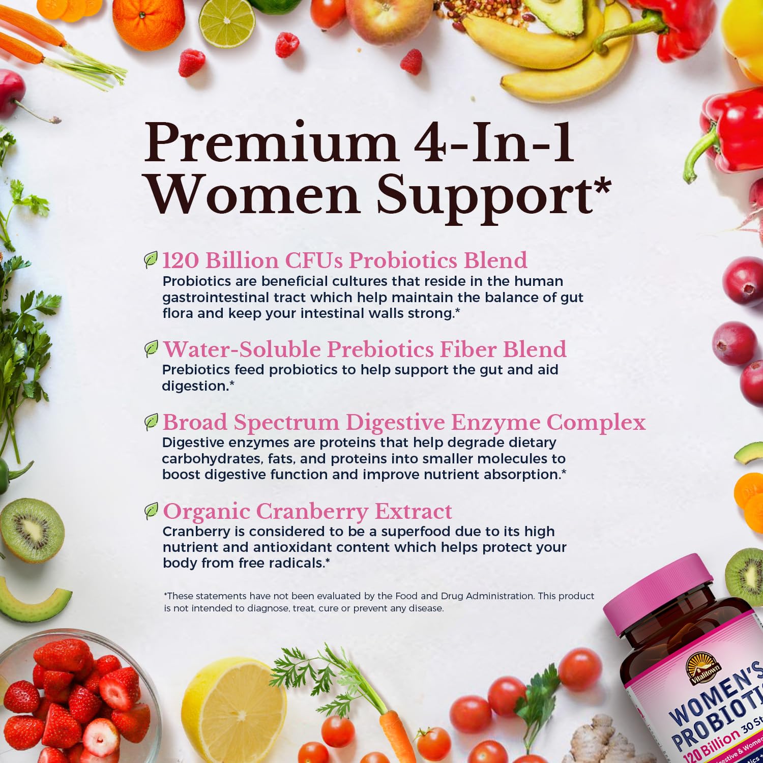 Side view of Vitalitown women probiotic bottle highlighting digestive enzymes and cranberry ingredients