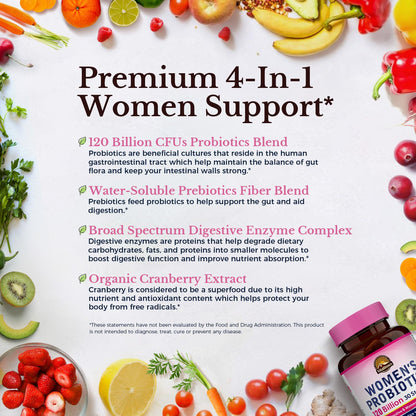Side view of Vitalitown women probiotic bottle highlighting digestive enzymes and cranberry ingredients