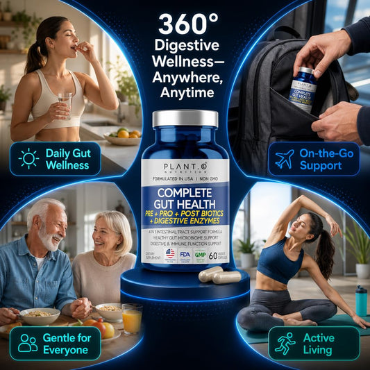Plant O Nutrition gut health supplement showcasing the 4-in-1 prebiotic probiotic postbiotic formula facts.