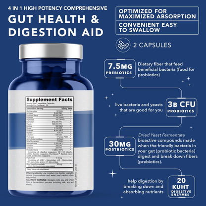 Premium imported USA prebiotic and probiotic veggie capsules for bloating relief and daily wellness.