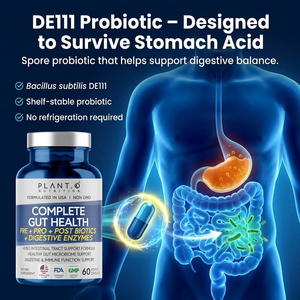 Digestive enzymes and postbiotics supplement bottle packaging for total gut microbiome care.