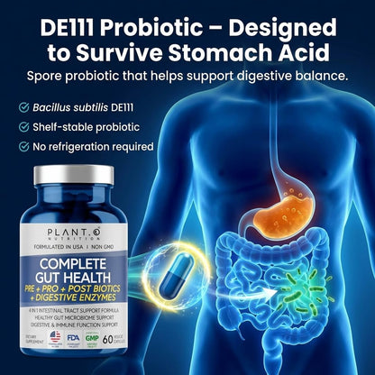 Digestive enzymes and postbiotics supplement bottle packaging for total gut microbiome care.