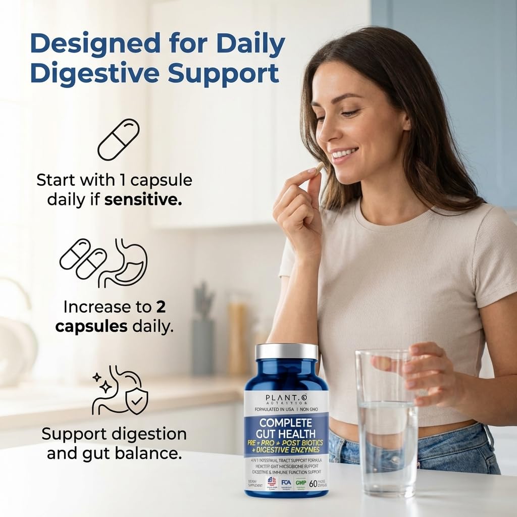 Complete daily gut support supplement bottle containing sixty veggie capsules for men and women.
