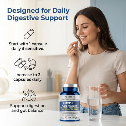 Complete daily gut support supplement bottle containing sixty veggie capsules for men and women.
