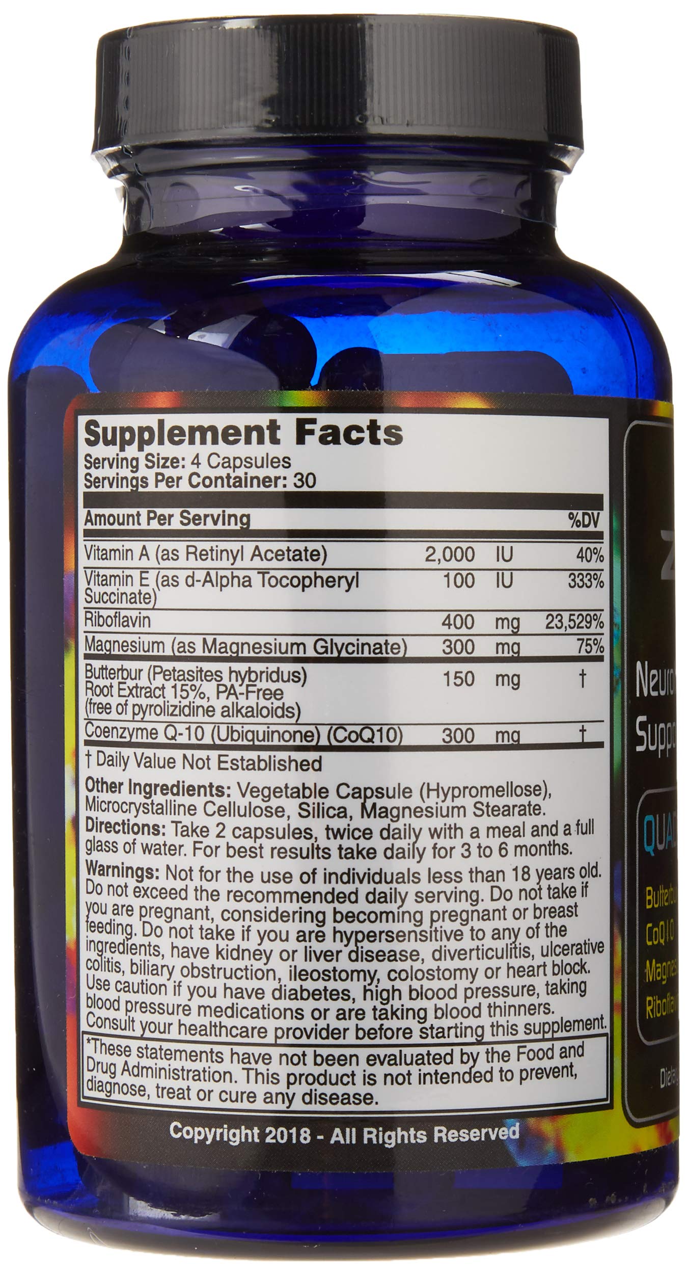 Iconis Bioceuticals MigrA Zero label details showing quad formula