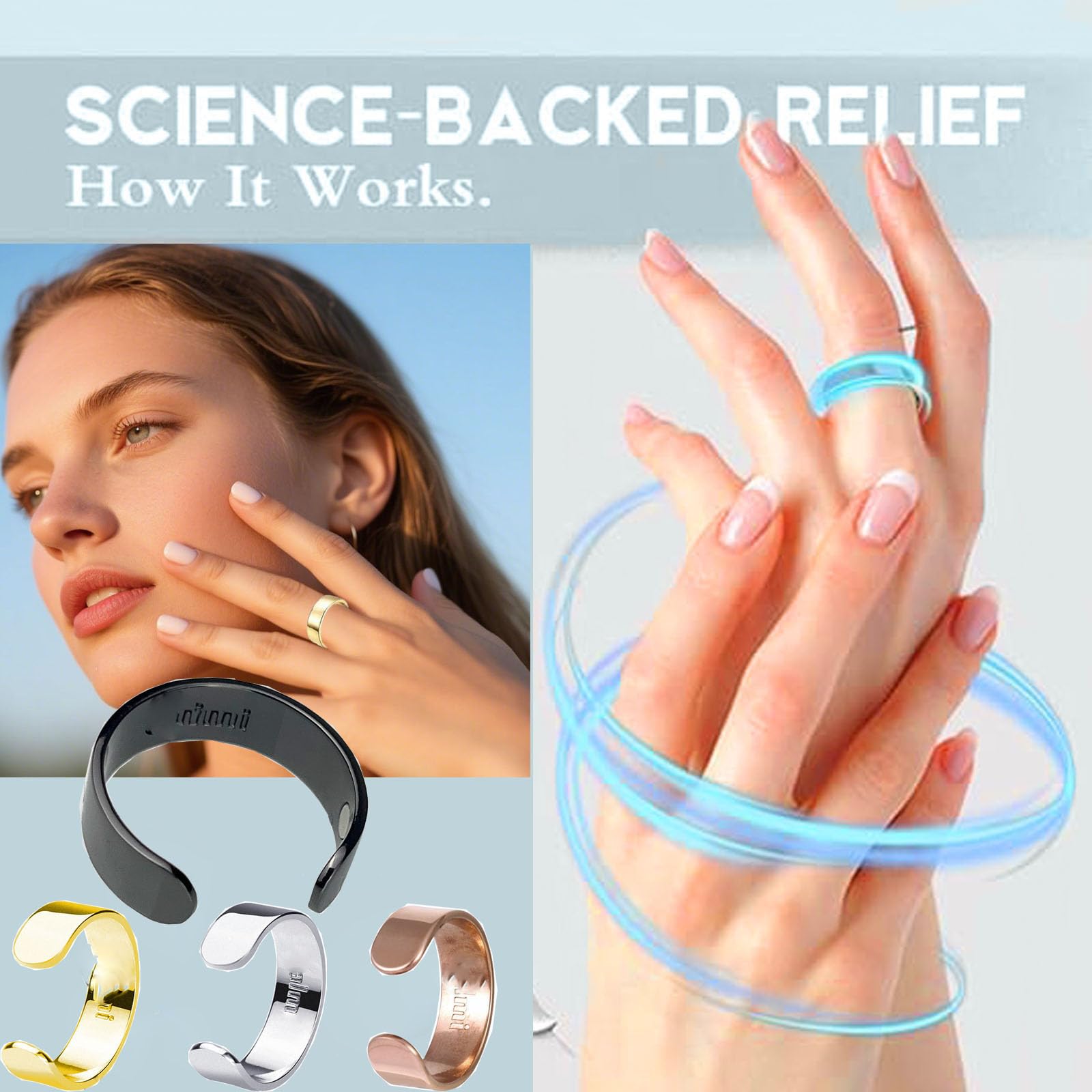 Adjustable wellness acupressure ring in multiple colors including gold rose gold and black.
