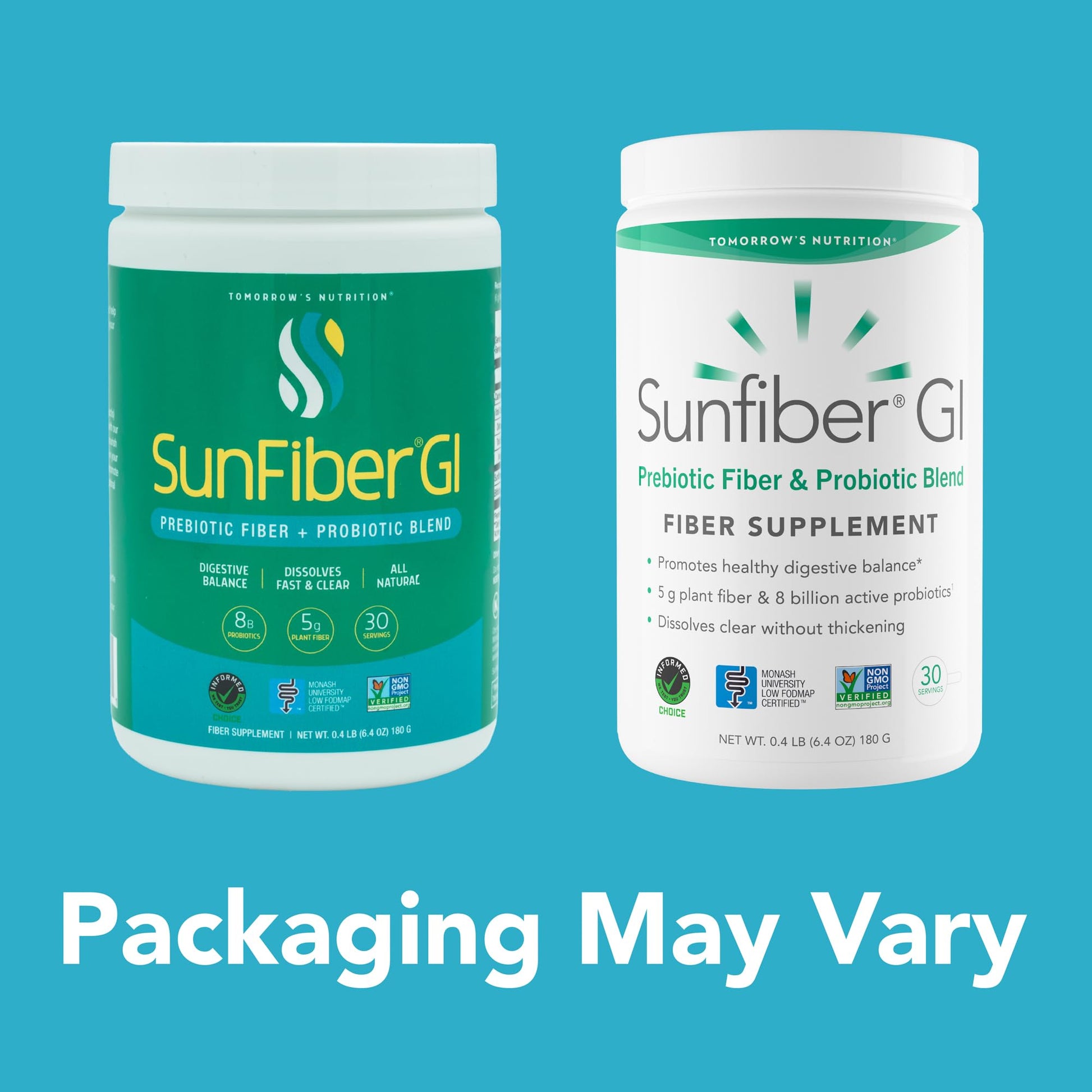 Tomorrows Nutrition Sunfiber GI nutritional facts and ingredients label close up