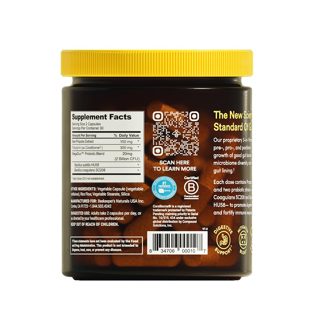 Beekeeper's Naturals Complete Gut Health packaging showing ingredient highlights
