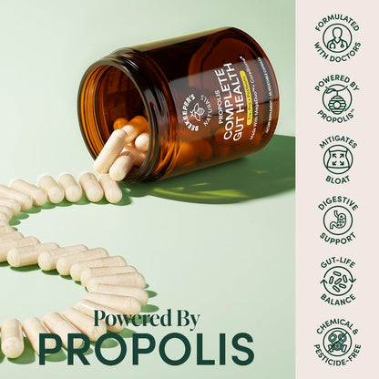 Side view of Beekeeper's Naturals propolis powered gut capsules highlighting the clean gluten-free and vegan ingredients list