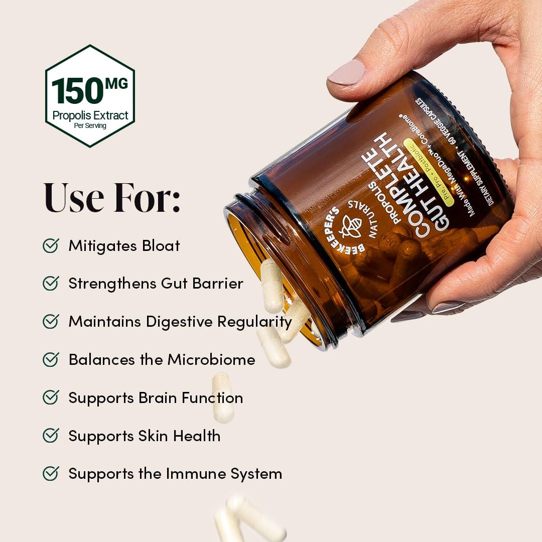 Beekeeper's Naturals 3-in-1 complete gut health supplement bottle showing room temperature stability and dosage instructions