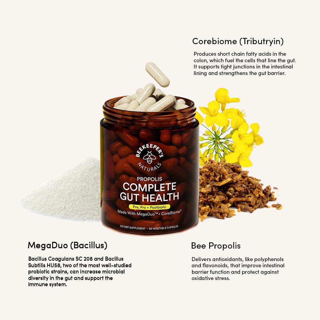 Close up view of the propolis complete gut health capsules displaying the premium vegetable cellulose capsule formulation