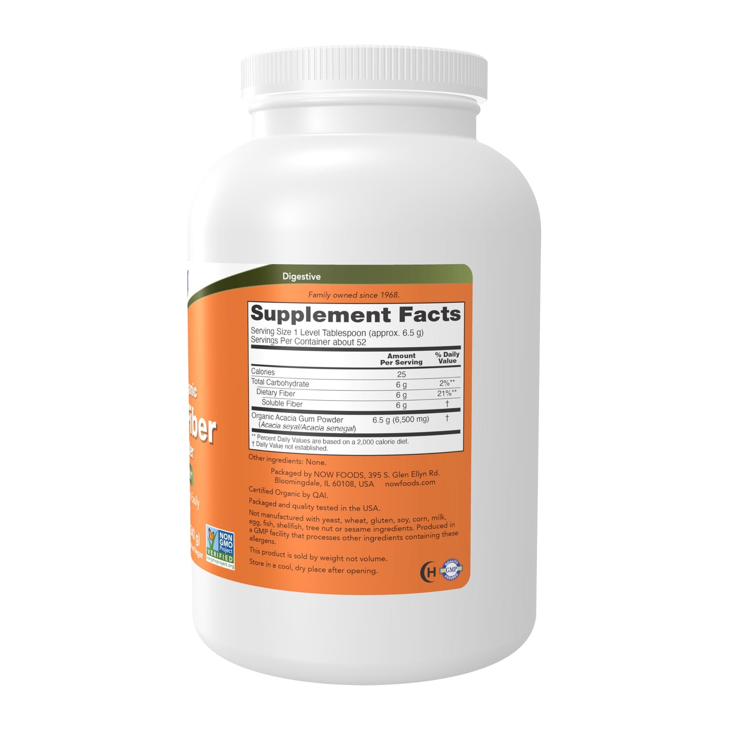 Back label of NOW Foods Acacia Fiber Powder illustrating nutritional facts and dietary supplement specifications.