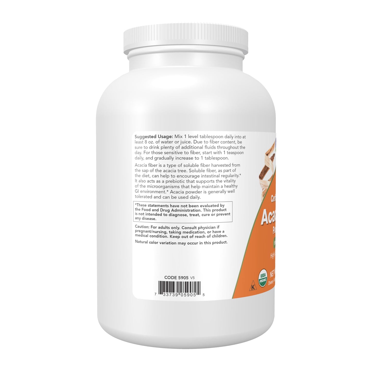 Side view of NOW Foods 12 Ounce Acacia Pure Powder highlight details on vegan and non-GMO certifications.