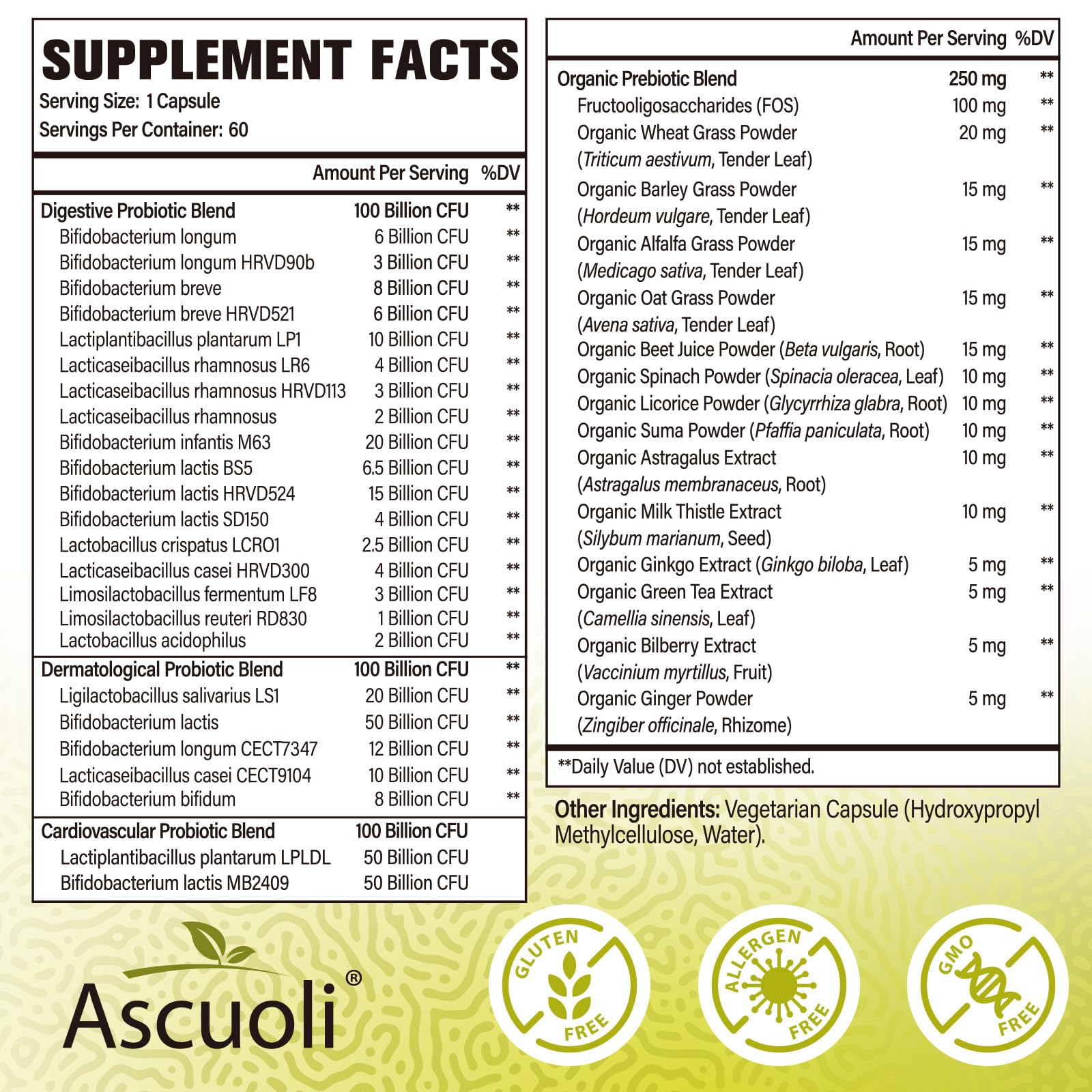 Ascuoli daily digestive supplement side label detailing 24 probiotic strains