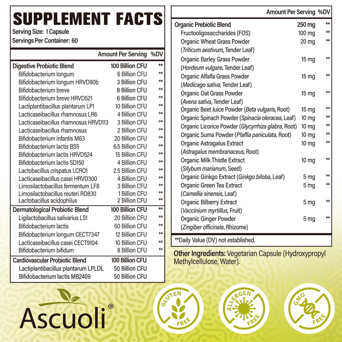 Ascuoli Probiotics supplement bottle back label with ingredient facts