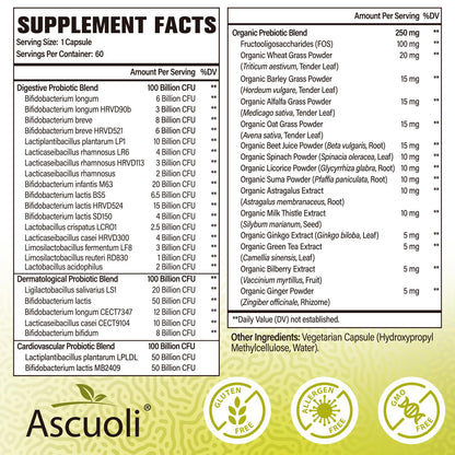 Ascuoli daily digestive supplement side label detailing 24 probiotic strains