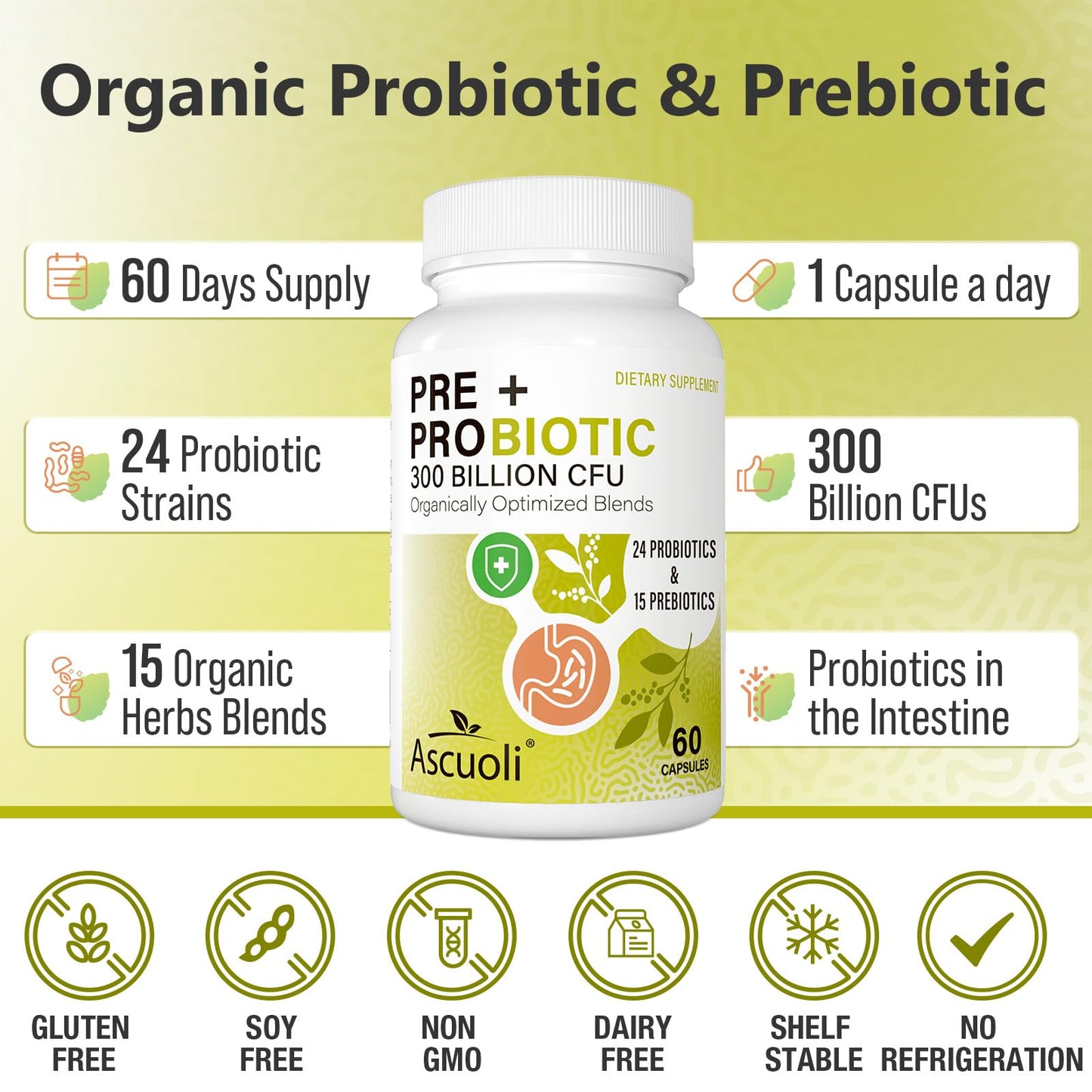 Ascuoli 3-in-1 gut health complex highlighting 15 organic herbs prebiotic blend