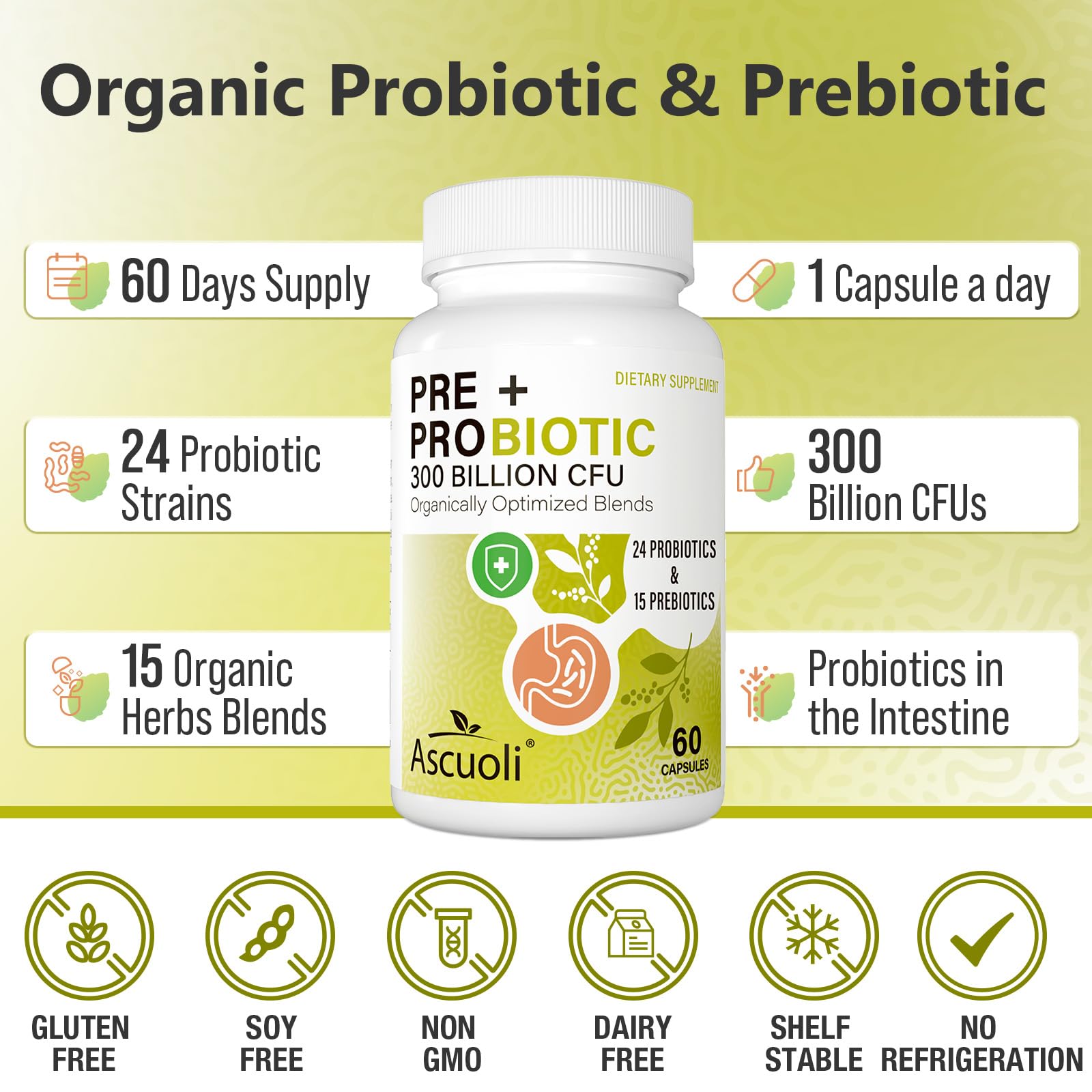 Ascuoli 3-in-1 gut health complex highlighting 15 organic herbs prebiotic blend