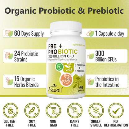 Ascuoli 3-in-1 gut health complex highlighting 15 organic herbs prebiotic blend