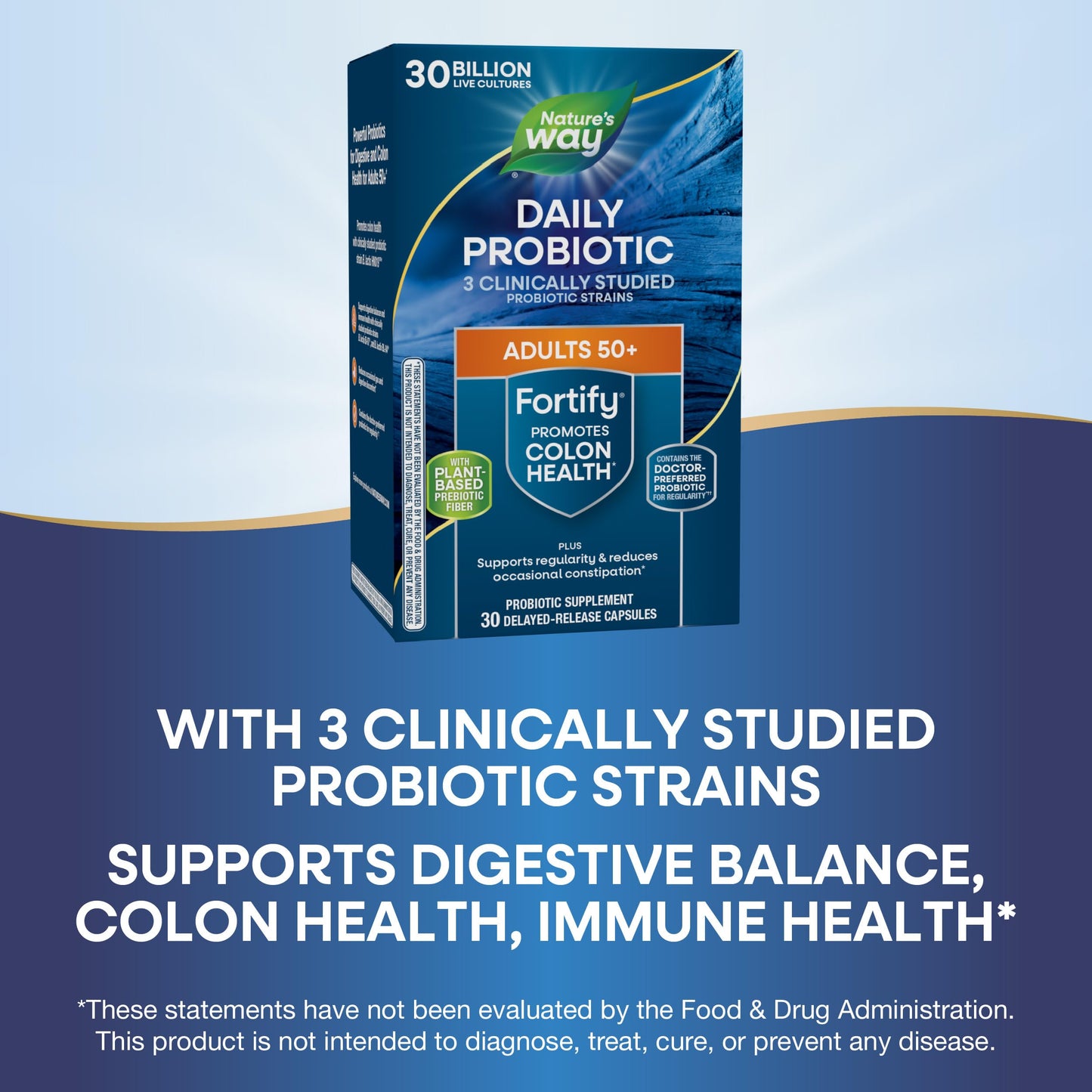 Nature's Way Fortify 30 Billion CFU delayed release capsules display showing product benefits for mature adults
