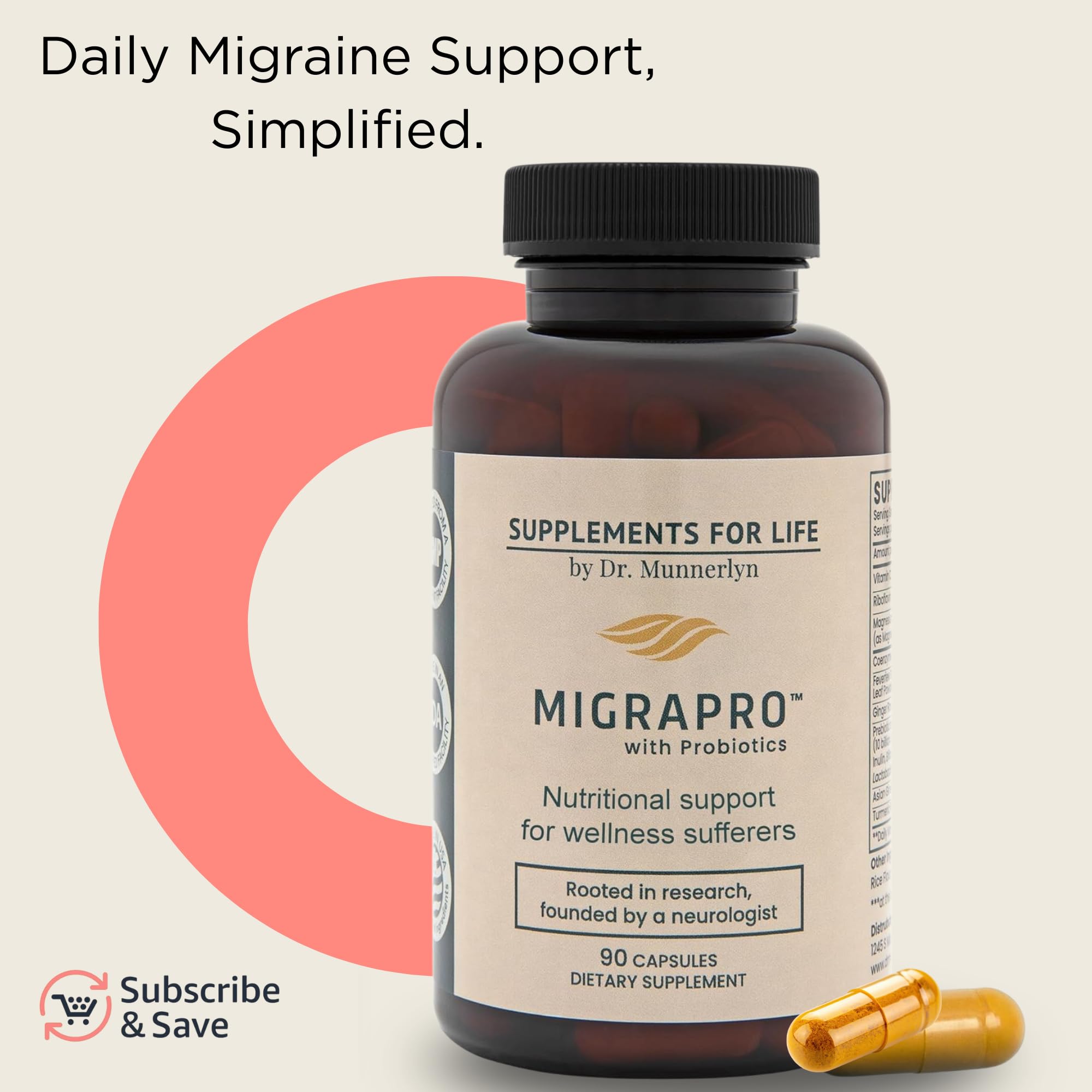 Authentic imported USA bottle of MigraPro with Probiotics highlighting premium brain energy vitamins