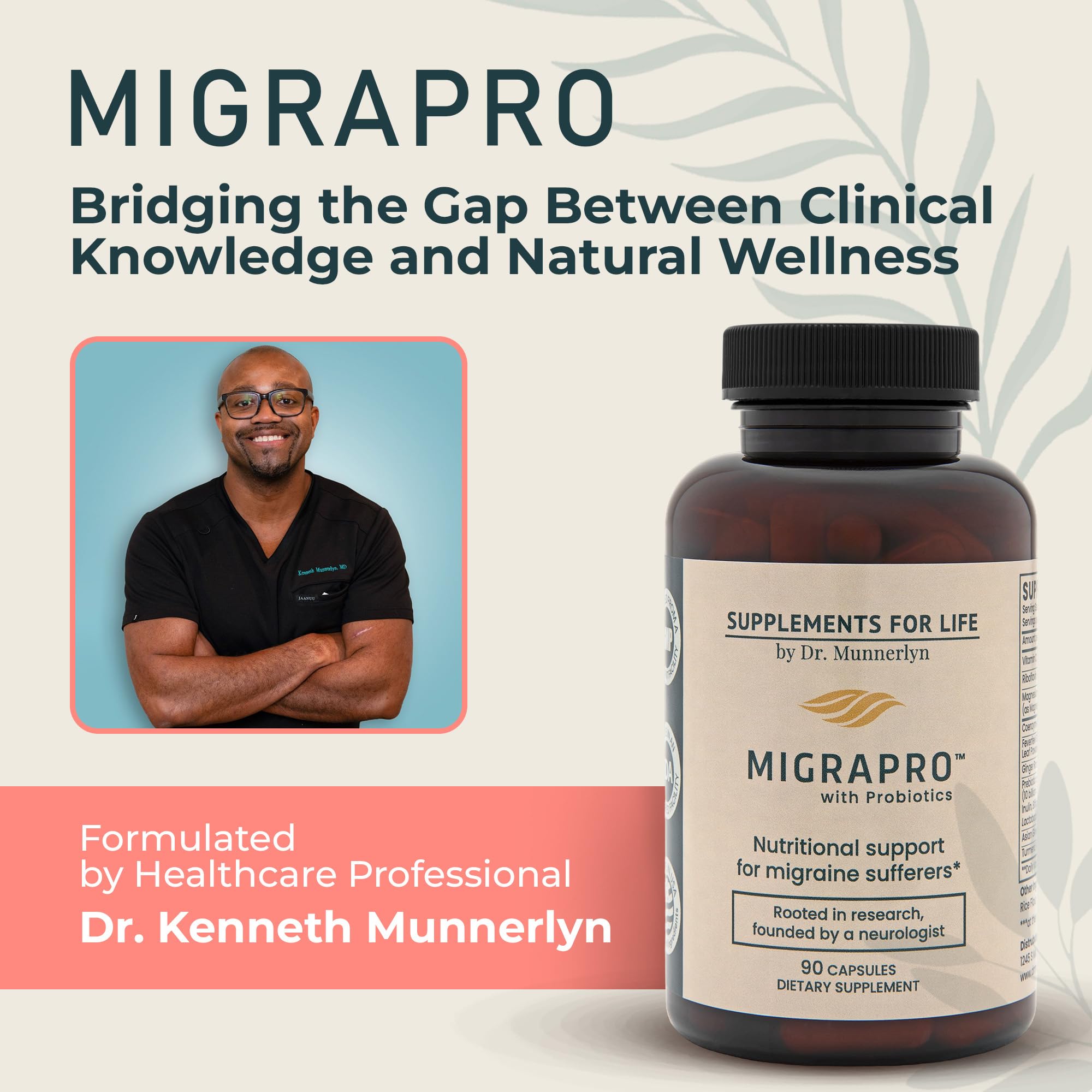 Neurologist developed MigraPro capsules showcasing magnesium and CoQ10 blend for head comfort