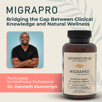 Neurologist developed MigraPro capsules showcasing magnesium and CoQ10 blend for head comfort