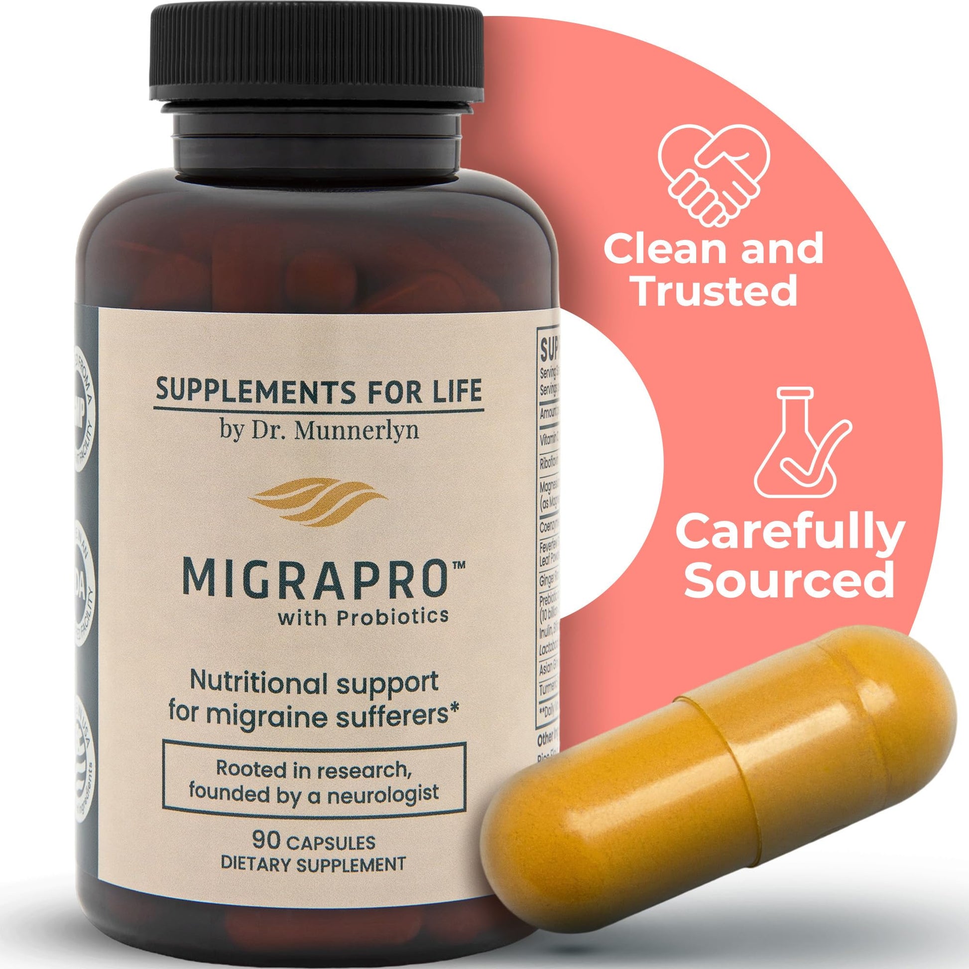 Dr. Munnerlyn MigraPro bottle with capsules next to it detailing the neurological blend directions