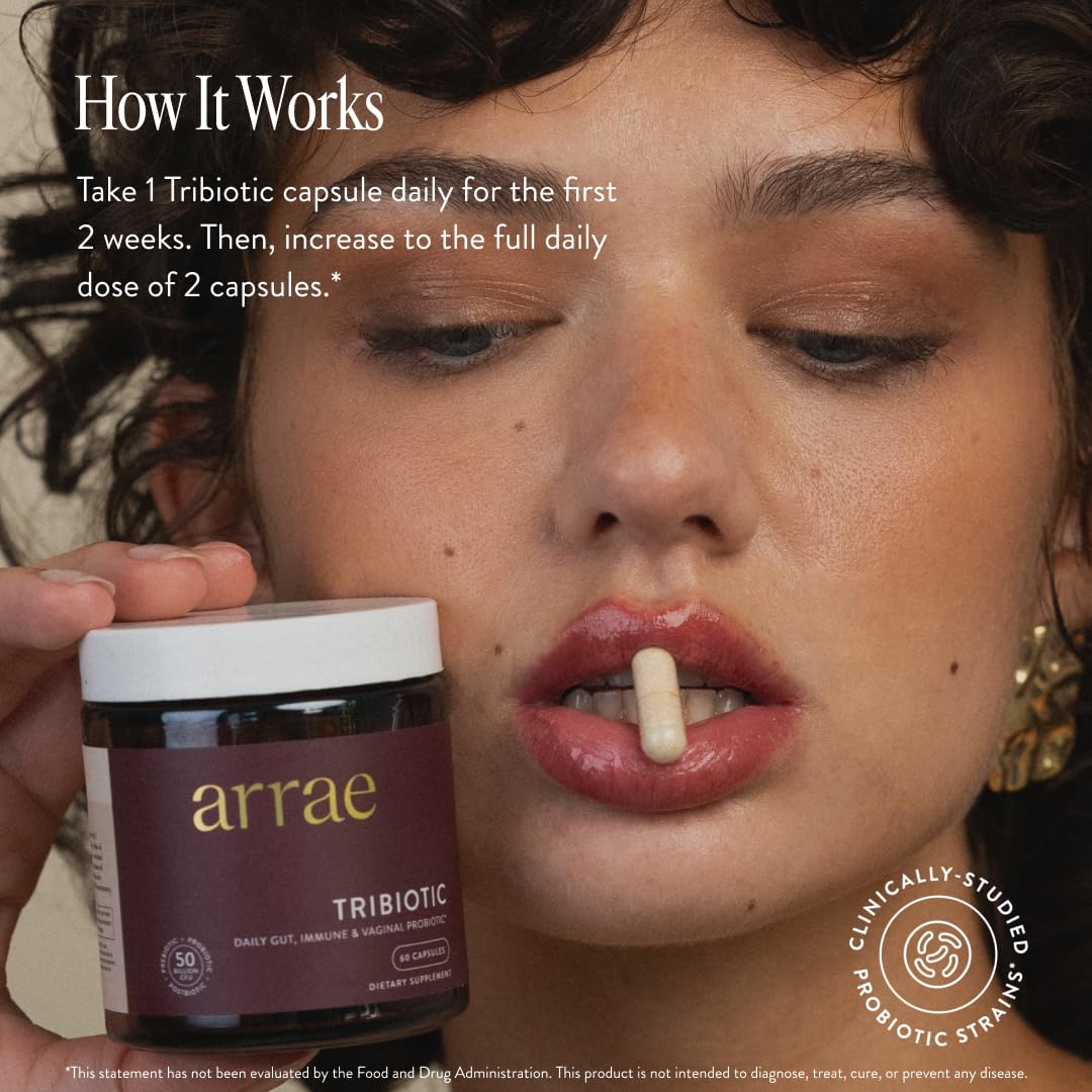 Arrae Tribiotic sixty capsule bottle showing purple and yellow product label
