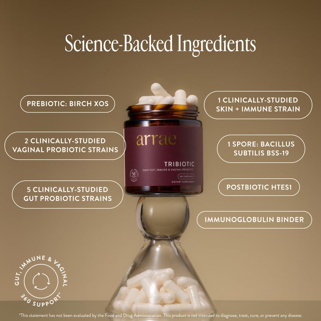 Arrae Tribiotic women's capsule close up showing premium prebiotic and postbiotic blend