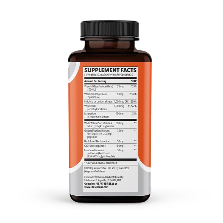 Side view of LifeSeasons Migra-T bottle showing supplement facts