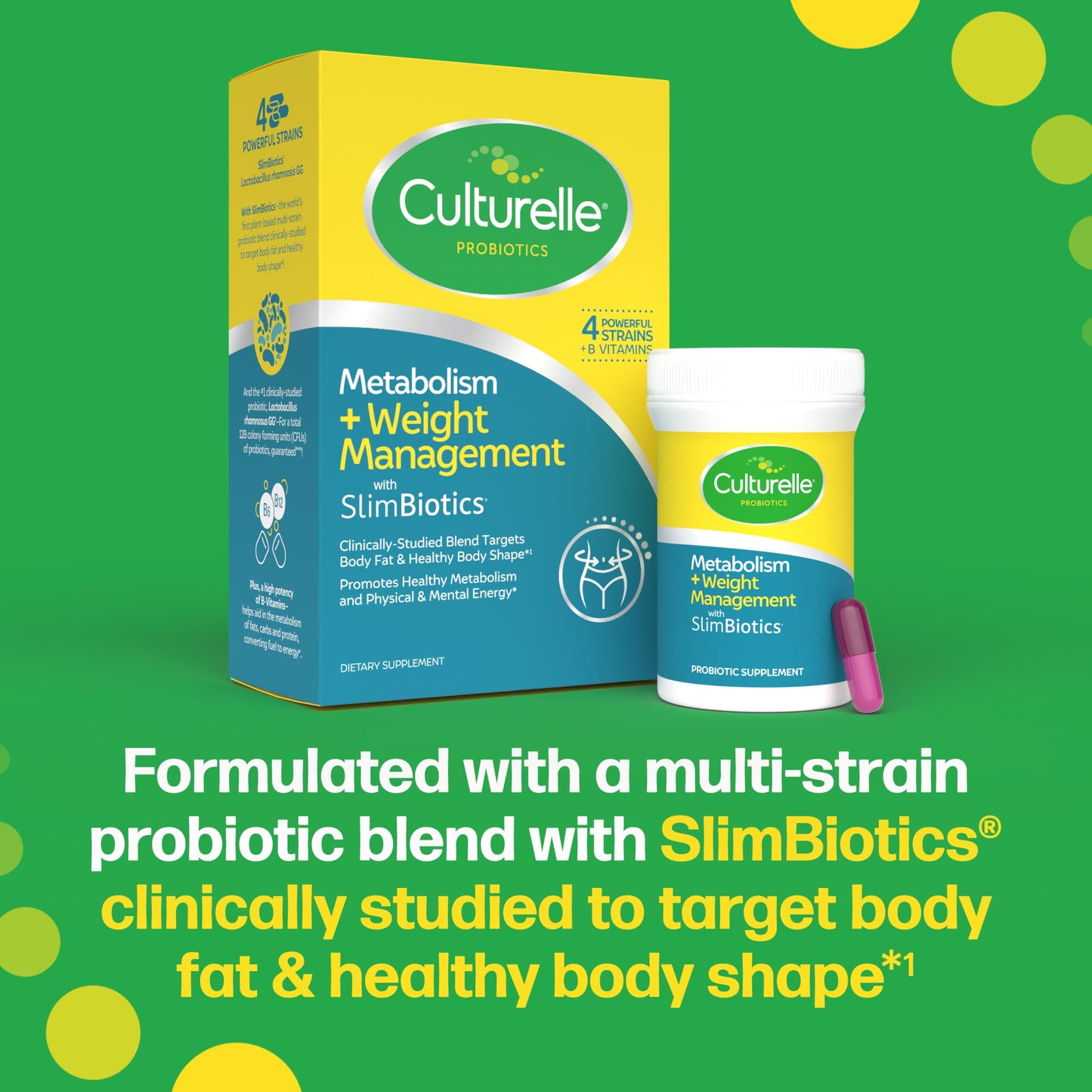 Culturelle thirty count metabolism supplement container beside individual capsules